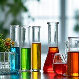 Éprouvettes et fioles contenant des liquides colorés naturels dans un laboratoire